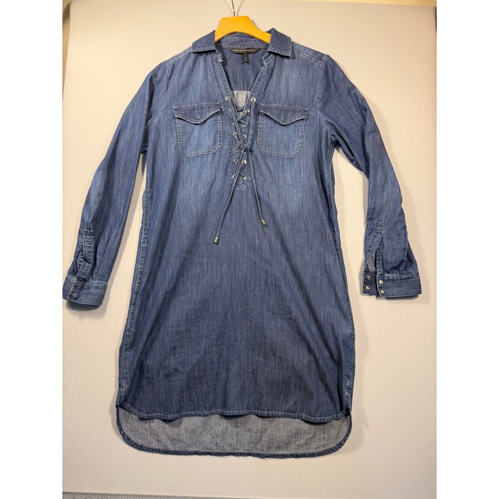 White House Black Market Blue Denim Lace Up Shirt Dress Size 6 Long Sleeve